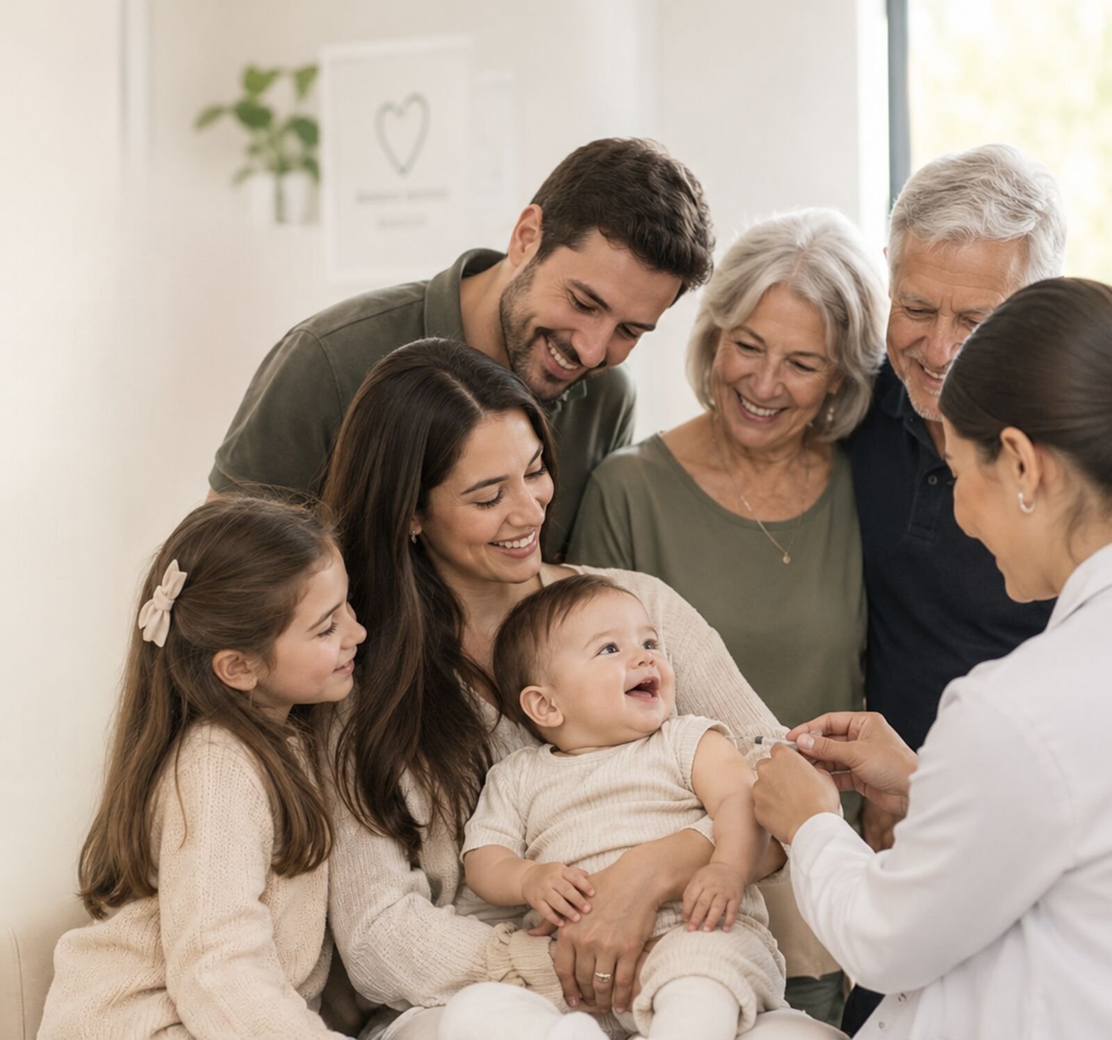Família reunida e sorridente enquanto o bebê recebe a vacina de uma profissional da clínica